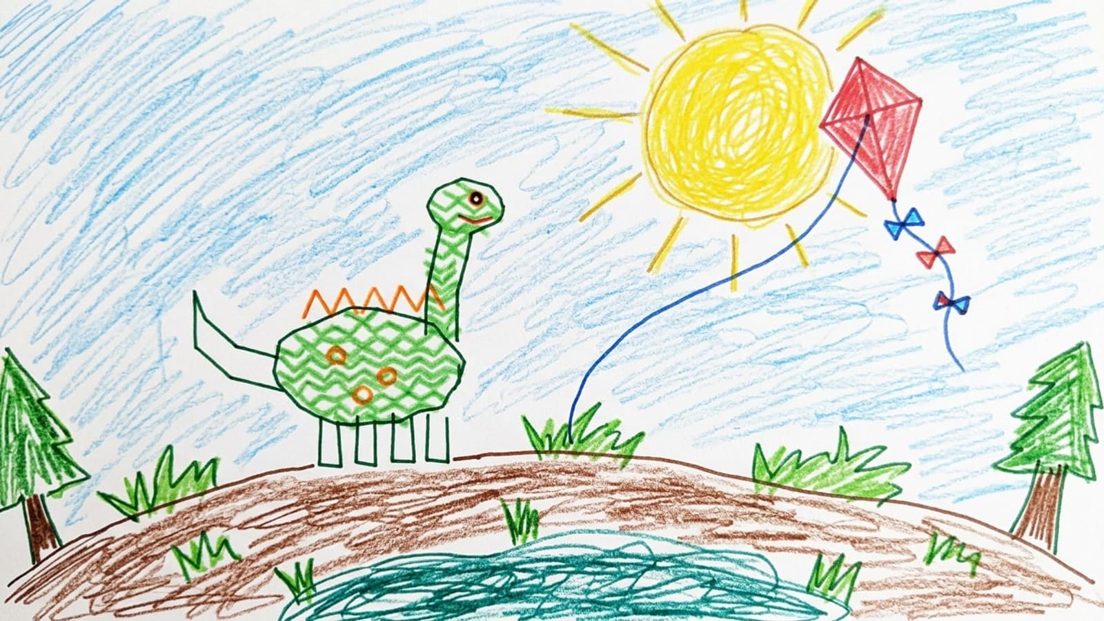 A scene of the story, drawn around the dinosaur by the same hand